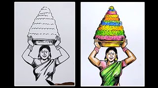 bathukamma drawing step by step full video  bathukamma drawing  bathukamma drawing easy [upl. by Lorrimer]