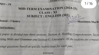 evening shift🔥 class 11 english paper 202425  english question paper for mid term exam 2024 25 [upl. by Tresa]