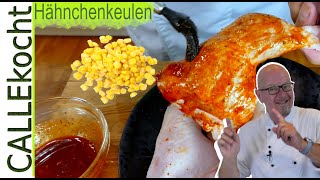 Knusprige Hähnchenschenkel im Backofen auf KartoffelMaisgemüse Rezept CALLEkocht [upl. by Eimiaj203]