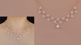 DIY Beaded Lace Necklace with Pearls and Seed Beads How to Make Beaded Jewelry Beading Tutorial [upl. by Llecrep]