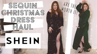 SHEIN SEQUIN SPARKLY DRESS HAUL  CHRISTMAS DRESSES  FESTIVE PARTY DRESS TRY ON [upl. by Rusel]