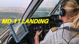 Female Pilot Landing MD 11 Cockpit View Lufthansa [upl. by Ilonka]