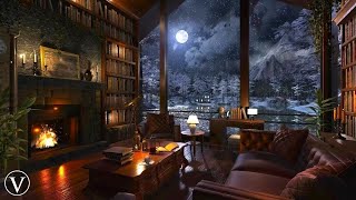 Winter Library Night Ambience  Fireplace Snow amp Blizzard Sounds [upl. by Llednew]