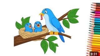 how to draw easy bird nestsparrow and cut baby nest drawing with colour BeyantKaurr4u [upl. by Arihsay]