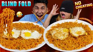 Honest Blind fold 2x Spicy Noodles and egg with chopsticks eating challenge 🔥🔥 Fun challenge [upl. by Festus]