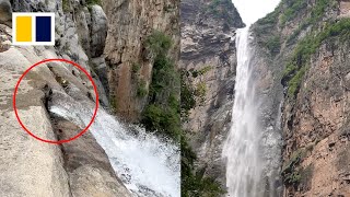 Tourist discovers waterfall in China supplied through pipes [upl. by Goodspeed]