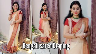 Traditional Bengali Saree Draping Tutorial for Durga Puja  Drape in 5 minutes [upl. by Sabian]