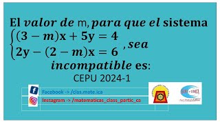 Algebra  Sistema ecuac  El valor de quotmquot para que 3−mx5y4 2y−2−mx6  sea incompatible [upl. by Arama863]