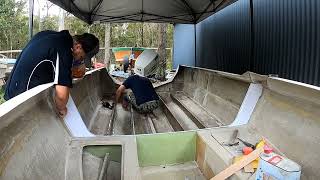 17ft Fiberglass Boat Rebuild Cabin to Centre Console Episode 3 Glassing in stringers [upl. by Enidaj]