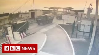 CCTV shows tanks and Russian military vehicles cross Ukraine border  BBC News [upl. by Aioj]