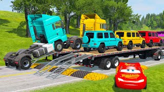 Flatbed Trailer Cars Transporatation with Tractor  Pothole vs Car  BeamNGDrive 54 [upl. by Narrat]