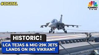 WATCH LCA Tejas amp MiG29K Jets Lands On Aircraft Carrier INS Vikrant  Visuals  CNBCTV18 [upl. by Brabazon]