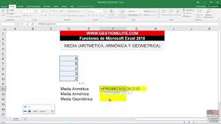 FUNCIONES MEDIA ARITMETICA MEDIA ARMONICA Y MEDIA GEOMETRICA MICROSOFT EXCEL 2016 [upl. by Laiceps]