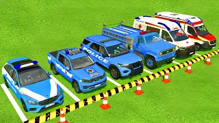 TRANSPORTING ALL BLUE POLICE CARS amp AMBULANCE EMERGENCY WITH MAN TRUCKS  Farming Simulator 22 [upl. by Naima]