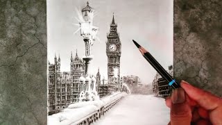 Winter season city Landscape drawing  Westminster bridge Landscape pencil drawing [upl. by Aprile]