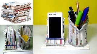 How to make a mobile and pen holder Using Newspaper  Newspaper 5  All type videyos [upl. by Yelah]