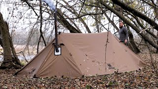 hiding from the rain in winter hot tent near moose den [upl. by Arabrab491]