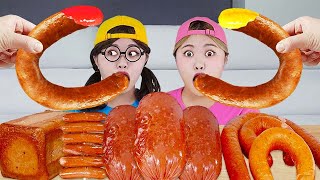 Kielbasa Sausage Challenge amp Spam Vienna Sausage Skewers Giant Sausage Mukbang by HIU 하이유 [upl. by Lathrope]