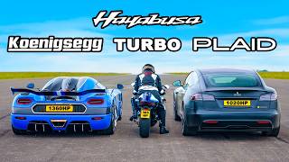 Koenigsegg v Tesla Plaid v Turbo Hayabusa DRAG RACE [upl. by Tilney]