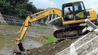 Komatsu PC130F Excavator Climbing Down Slope and River Dam [upl. by Leirza243]