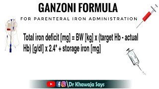 Ganzoni for IV Iron administrationIron deficiency anemiaIron Sucroseiron deficit calculation [upl. by Janene]