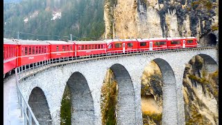 Swiss Trains Crossing the Landwasser Viaduct Filisur  Rhaetian Railway [upl. by Coco]