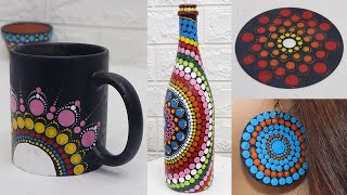 Dot mandala painting on 5 different surfaces bottlemugcd [upl. by Neirod]