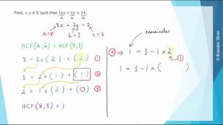 Using the Euclidean algorithm to find solutions to linear Diophantine equations  Ex 1 [upl. by Krid330]