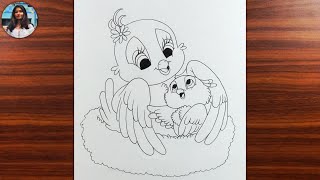 How to draw bird nest with Bird  Easy bird nest drawing for beginner [upl. by Yrreg314]