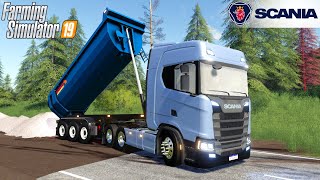 Farming Simulator 19  NEW SCANIA S SERIES With Dump Trailer Dumping Crushed Stone [upl. by Heydon339]