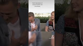 Tom Hiddlestons impressions as jessicachastain and chrisevans hiddlestoners tomhiddleston [upl. by Caresse]