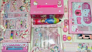 Pink colour stationery collection unicorn stationery hello kitty stationery pencil box [upl. by Dnomyar]