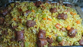 DOMINICAN RICE  HOW TO MAKE LOCRIO WITH SALAMI SPAM amp LONGANIZA DOMINICAN SAUSAGE [upl. by Sokem]