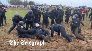 German riot police stuck in mud at coal mine protest [upl. by Partridge]