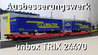 Ausbesserungswerk H0 unbox TRIX 24470 DoppelTaschenwagen Sdggmrss LKW Walter Neuheit [upl. by Okramed]