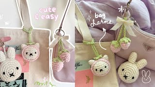 how to crochet cute bag charmskeychains  miffy cat amp strawberries stepbystep tutorial [upl. by Ragas425]