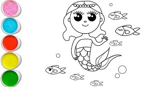 Drawing amp Coloring Cute Mermaid with Fish🧜‍♀️🐚🦄🐬🐟🐠❄️🌊🌈Drawing for kids  Lets Draw Together [upl. by Nylrehc]