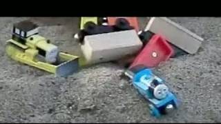 Thomas the Tank Engine  Runaway Thomas crashes into sand in super slow motion 600 fps [upl. by Helbona]