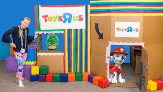 Paw Patrol and PJ Masks Toys at the Toys R Us Ultimate Box Fort with the Assistant [upl. by Arehsat]