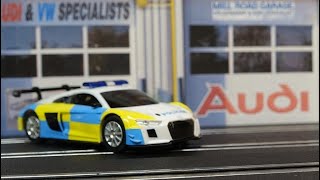 Audi R8 GT3 Police Car Crashes Horribly in Dead Mans Curve Carrera Go 143rd Scale Slot Racing [upl. by Haerdna]