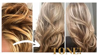 How to Tone Brassy hair into cool toned blonde in 15 minutes at home [upl. by Launam]