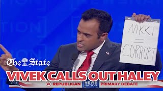 GOP Debate Vivek Ramaswamy Ron DeSantis Take Shots At Nikki Haley Over Corporate Donors [upl. by Siroved]