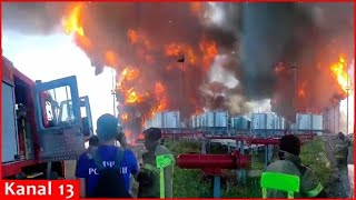 “Run away it’ll explode” Next footage of fierce fire continuously raging an oil base hit in Russia [upl. by Hurless]