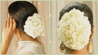 Traditional Bun Hairstyle for saree  hairstyle with Jasmine flower  Hairstyle for medium hair [upl. by Chere]