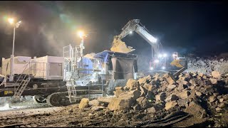 late night crushing with jonsson 1208 mobile jaw crusher Volvo ec530el excavator [upl. by Ulani425]