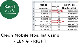 Clean Mobile Numbers list using Len and Right functions in Excel [upl. by Adgam]