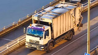 Dump Truck Driving on City River Front at Sun Rise  Stock Footage  ASW Media [upl. by Gnoht]