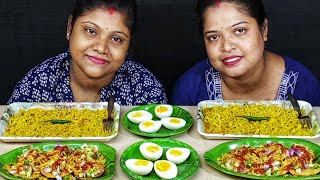 EATING CHALLENGE BOIL EGG CHOWMEIN NOODLES PAPRI CHAT  STREET FOOD CHALLENGE  food family amp more [upl. by Spracklen16]