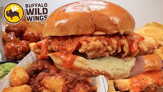 ASMR EATING BUFFALO WILD WINGS FRIED CHICKEN SANDWICH CHILLI CHEESE TATER TOTS BUFFALO HOT WINGS [upl. by Huldah]