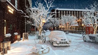 Snowy Winter Day on Street at Coffee Shop Ambience with Relaxing Smooth Jazz Music and Snowfall [upl. by Juieta]